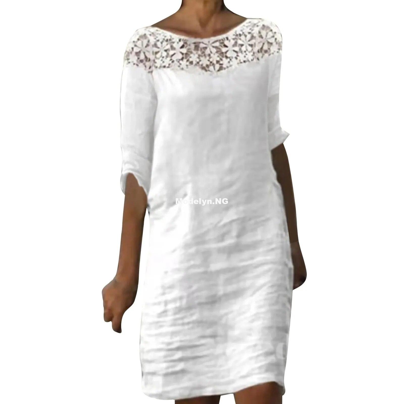 Women Sexy Dress White Hollow Lace Dress Short Sleeve Loose Midi Dresses 2023 Summer Casual Women's Casual Dress Vestidos Robe - Image 2