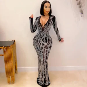 Sparkly Crystal Rhinestone Bodycon Maxi Dress Women Wedding Evening Mesh Sheer Clubwear Christmas Party Long Dress Vestido Longo